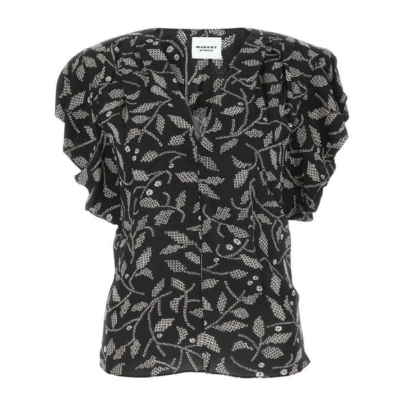 Isabel Marant Étoile Delocia Floral Blouse in Black V-neck Flutter Sleeves - Picture 16 of 16